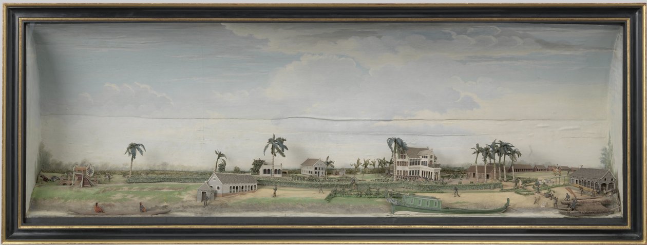Diorama kávové a bavlníkové plantáže Zeezigt v Surinamu, cca 1815-21 dřevo a malovaný papír od Gerrit Schouten