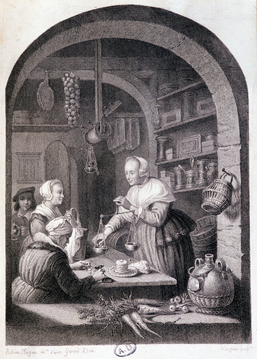 Vesnický obchodník s potravinami vážící s váhou. sd. 18. století od Gerrit or Gerard (after) Dou