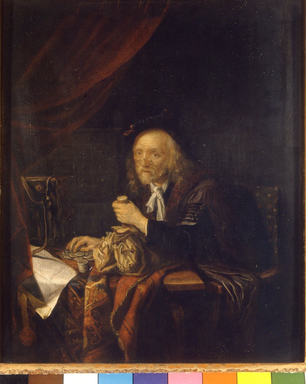 Nedůvěřivý muž počítá své peníze tak, že drží v ruce kabelku. Obraz Gerarda Dou (nebo Gerrita Dowa) (1613-1675) Milánské Museo del castello 17. století od Gerrit Dou