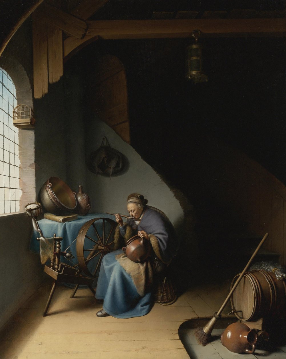 Starší žena u svého kolovratu, jí kaši par Dou, Gerard od Gerrit Dou