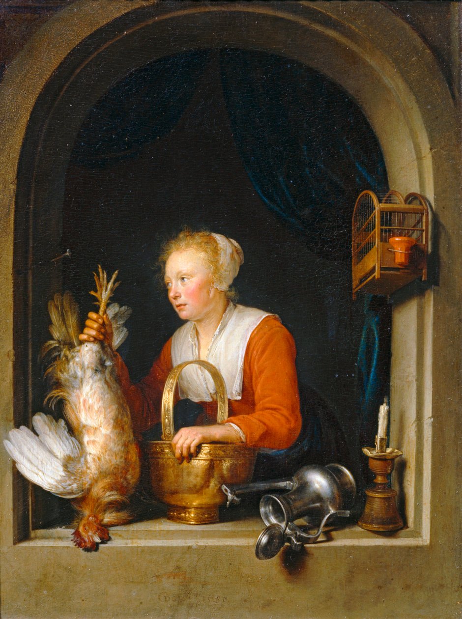 Femme accrochant un coq à sa fenetre, dit aussi La Menagère hollandaise - Žena věšící kohouta do své větrné korouhve, nazývaná také holandská hospodyňka ... od Gerrit or Gerard Dou