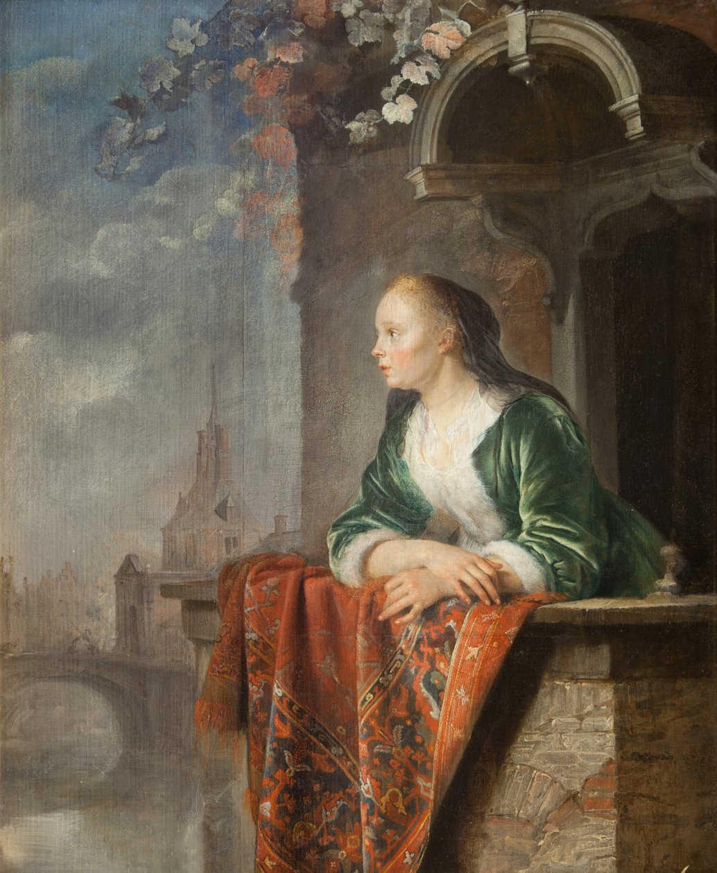 Mladá žena na balkóně - Mladá žena na balkóně - Gerard (Gerrit) Dou (1613-1675). Olej na plátně, cca 1665. Národní galerie, Praha od Gerrit Dou