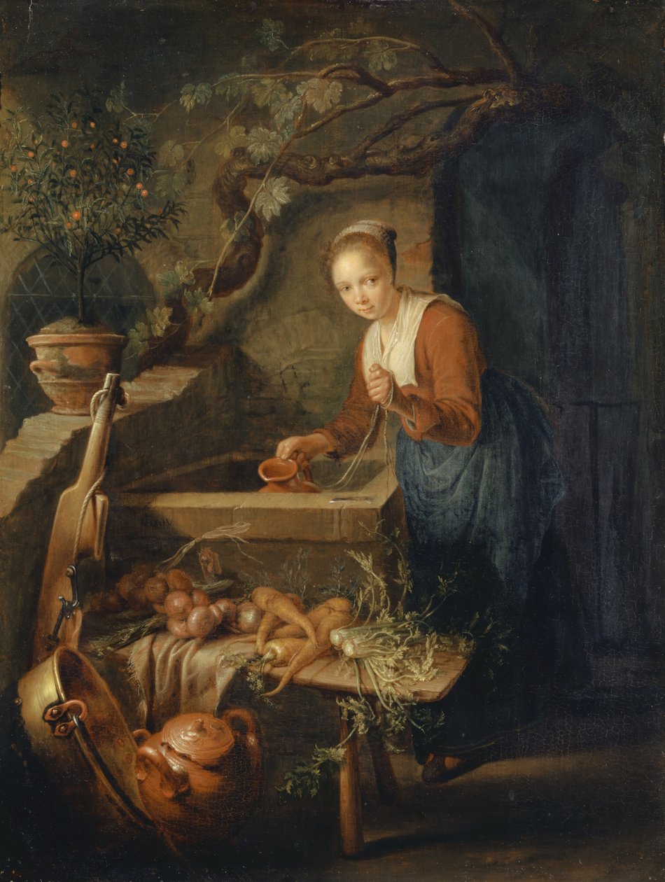 Kuchyňská pokojská u studny, kolem 1650 od Gerrit Dou