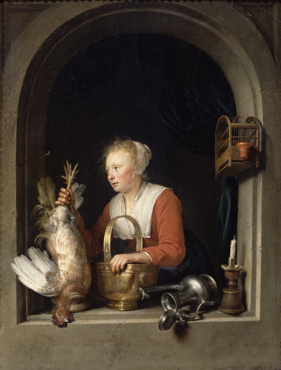 Holandská hospodyňka aneb Žena věší kohouta do okna, 1650 od Gerrit Dou
