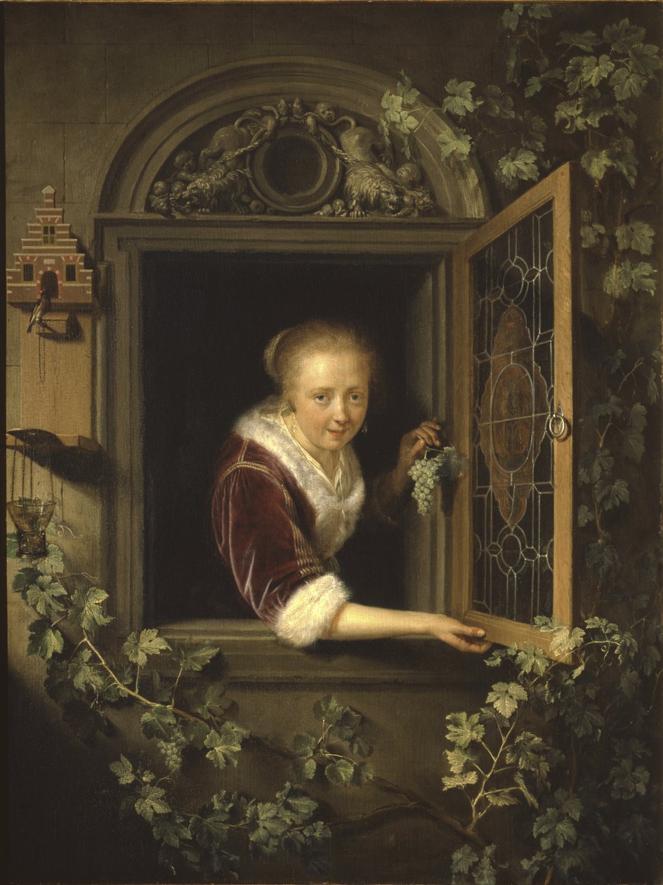 Mladá žena u okna s hroznem, 1622 od Gerrit Dou