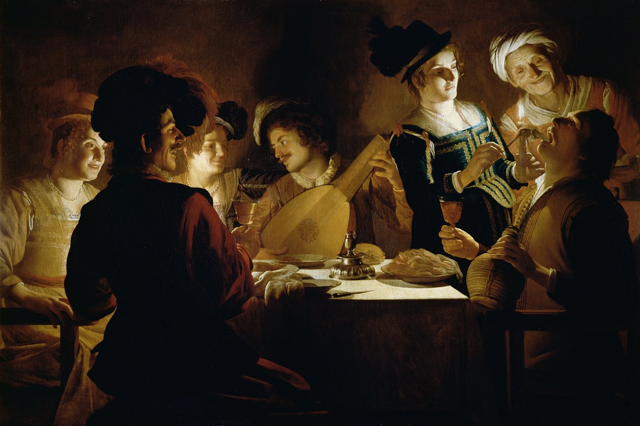 Hostina s hráčem na loutnu, kolem 1620 od Gerrit van Honthorst