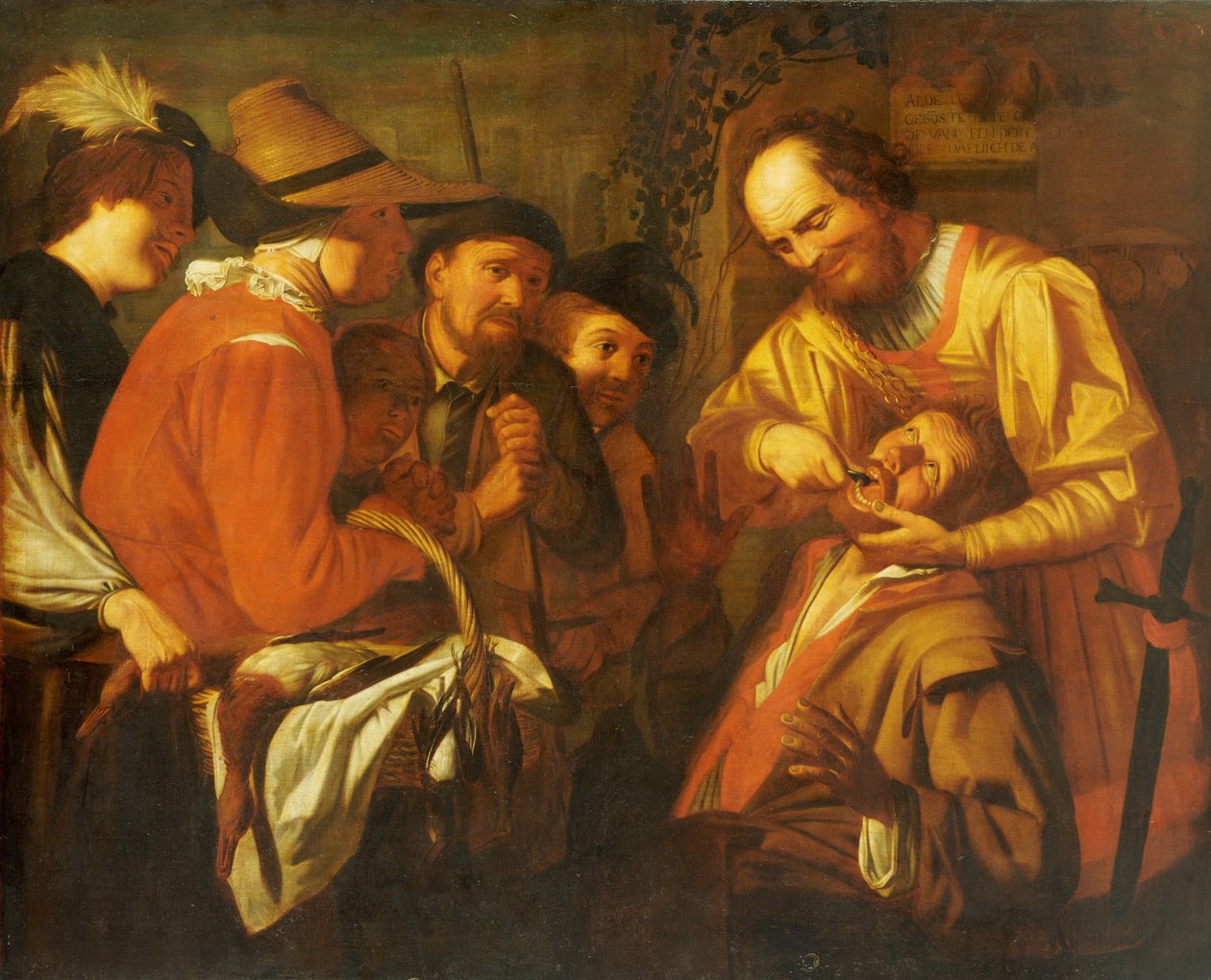 Zubař šarlatán vytahující zub, zatímco skupina přihlížejících sleduje poblíž od Gerrit van Honthorst