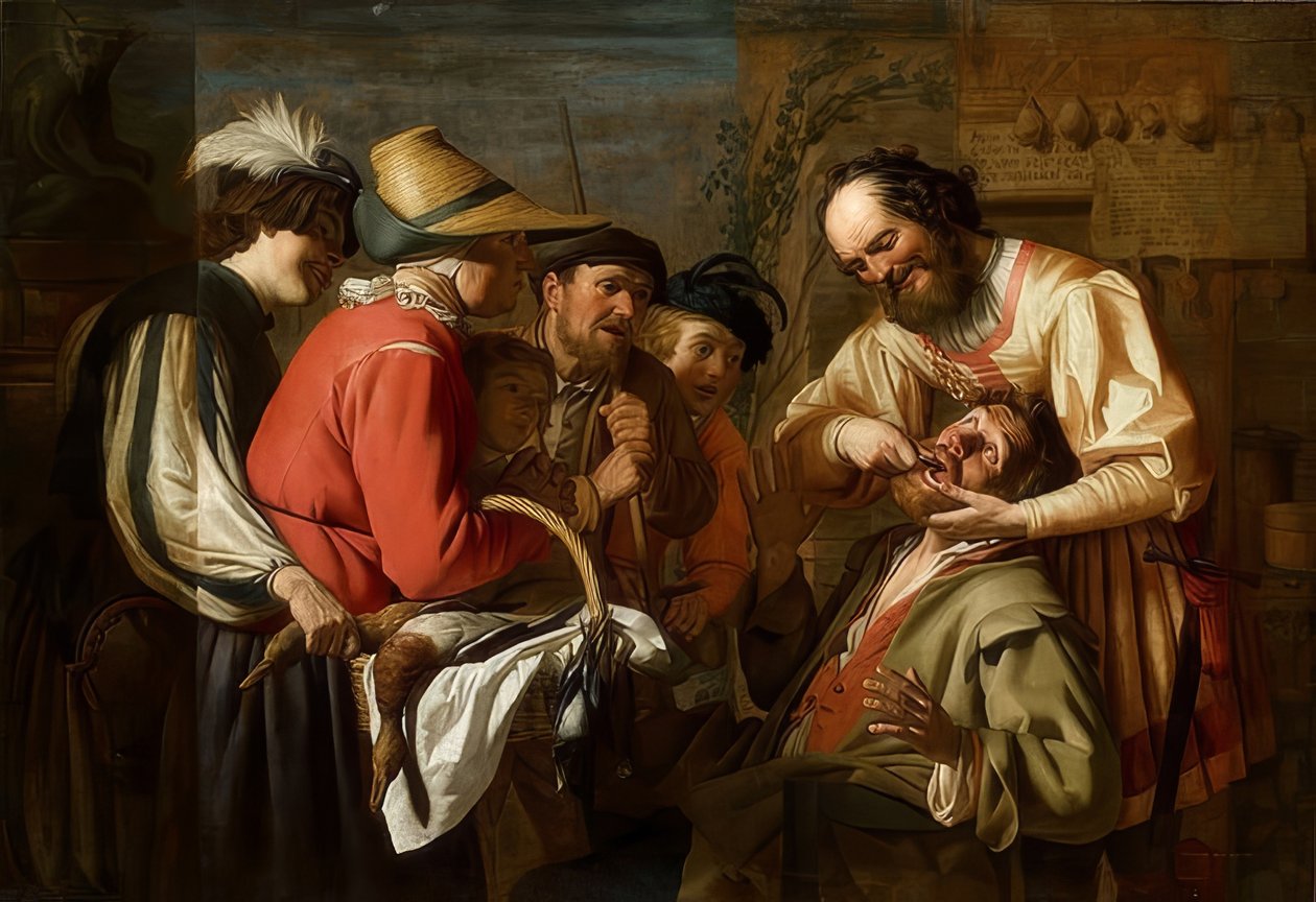 Vytahovač zubů. 1628 (?) od Gerrit van Honthorst
