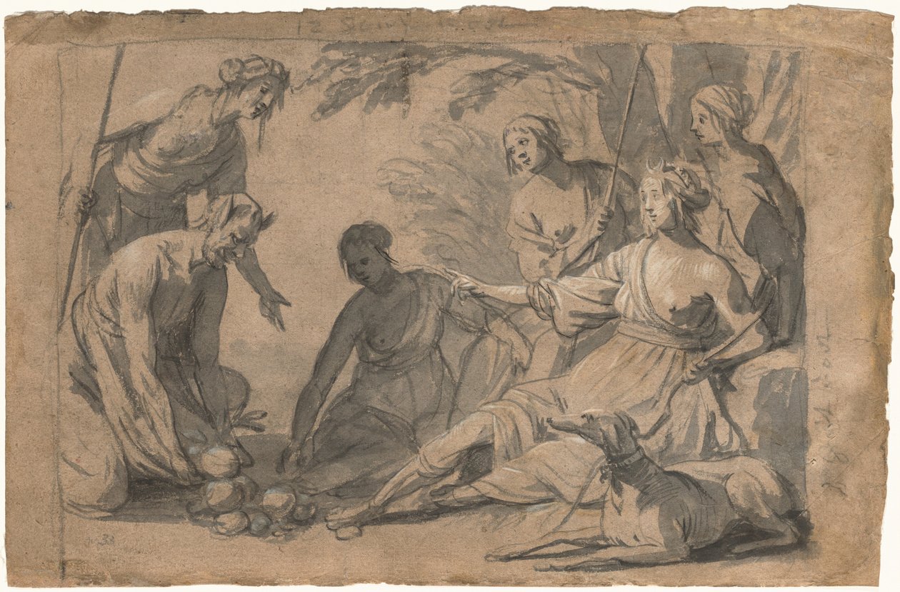 Diana a čtyři nymfy přijímají dárky od satyra od Gerrit van Honthorst