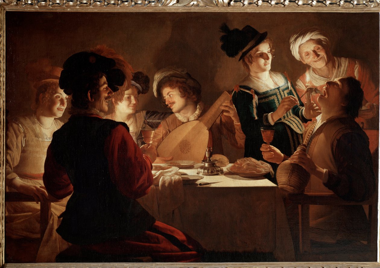 Večeře s hráčem na loutnu. (Malování od Gerrit van Honthorst