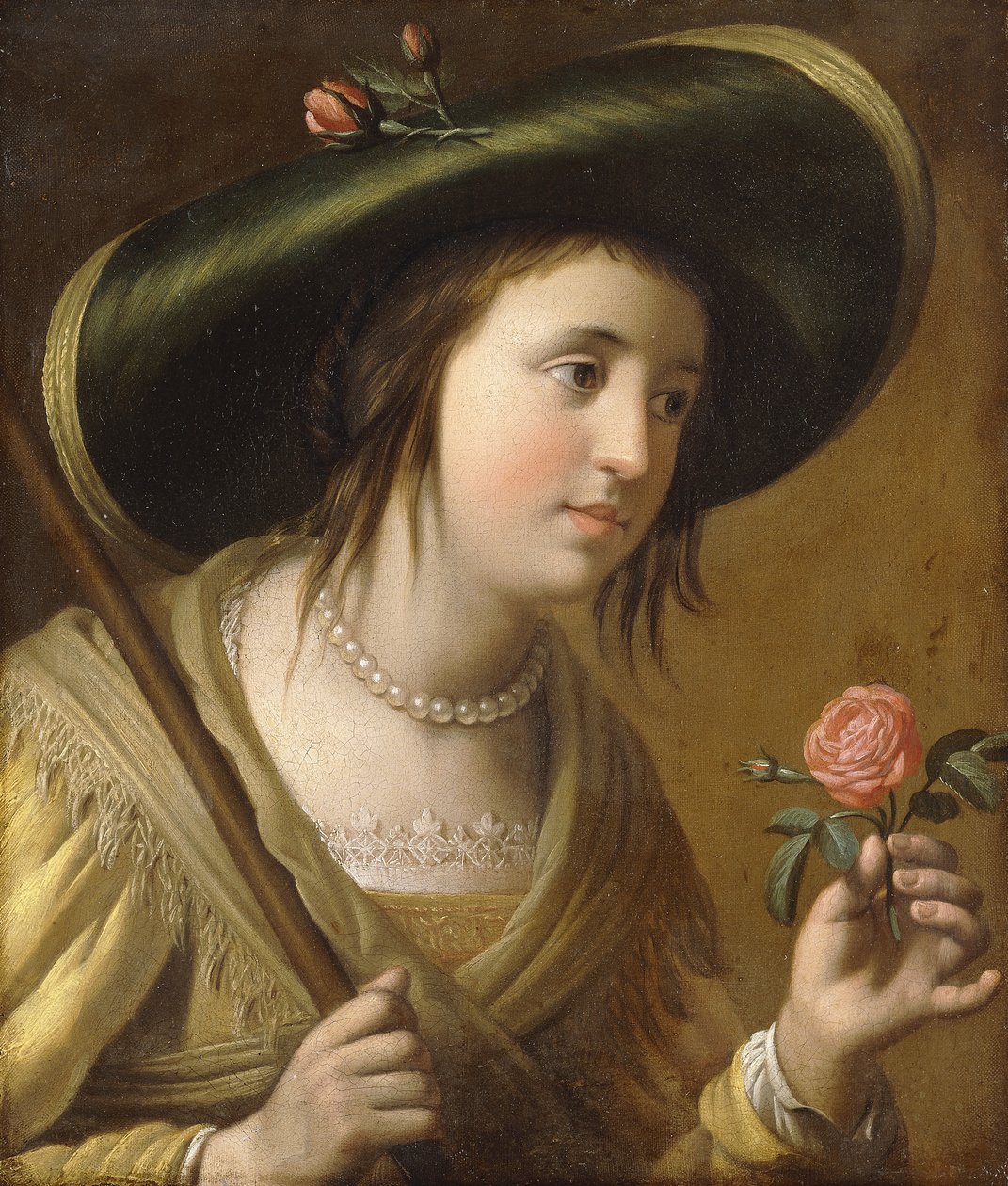Portrét princezny Alžběty II van de Palts jako pastýřky, délka přes prsa, držící růži, od Gerrit van Honthorst