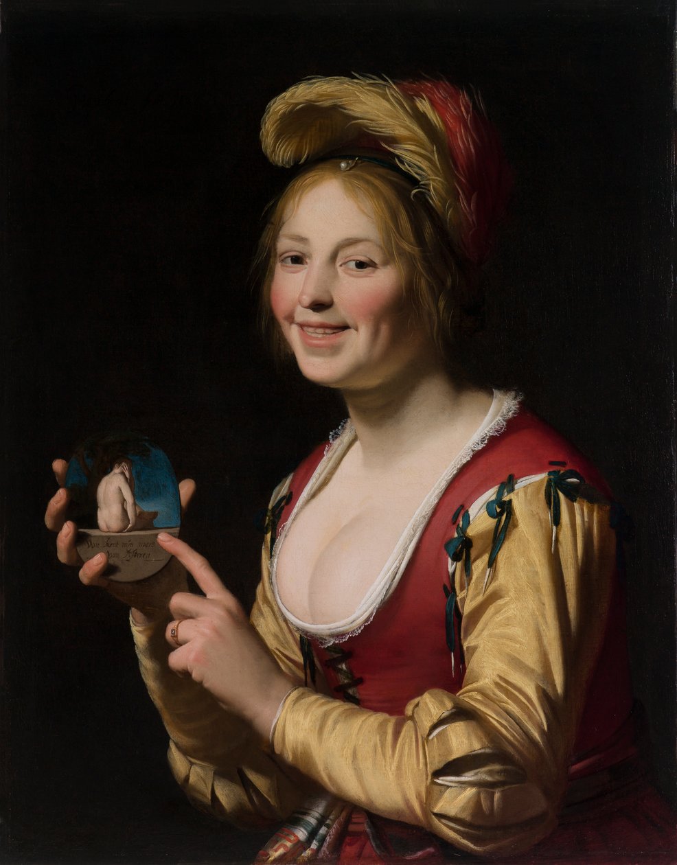 Usměvavá dívka, kurtizána, držící obscénní obrázek od Gerrit van Honthorst