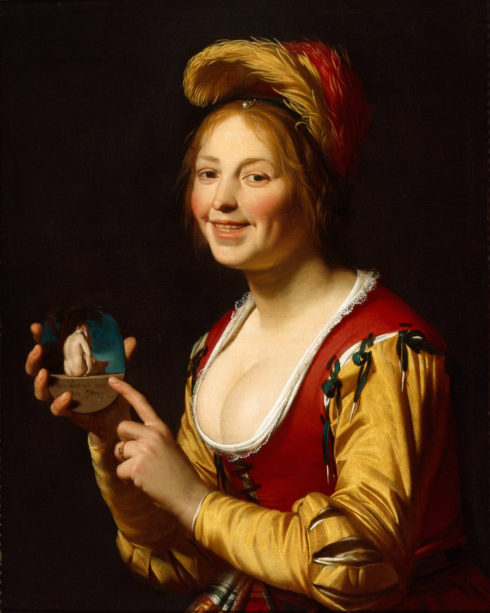 Usmívající se dívka, kurtizána, držící obscénní obrázek od Gerrit van Honthorst
