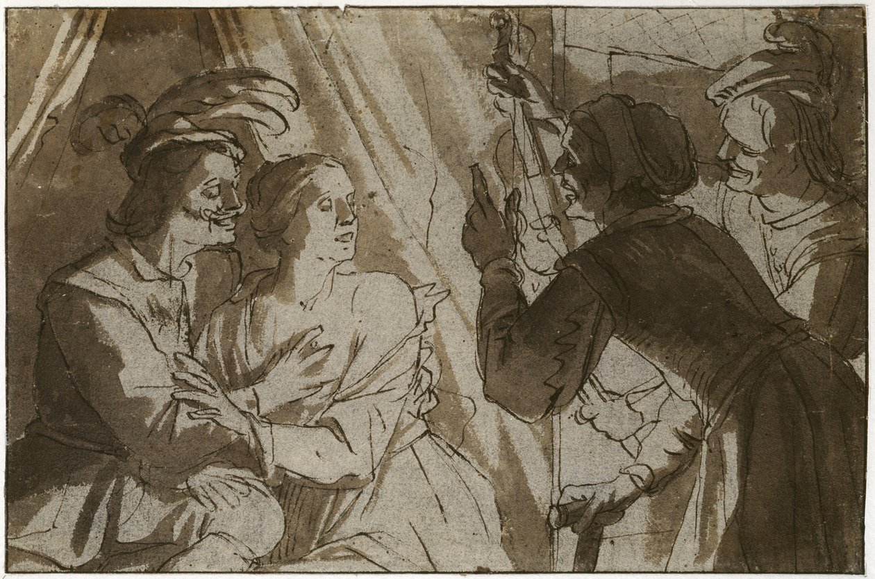 Marnotratný syn (pero a hnědý inkoust s perem přes černou křídu na papíře) od Gerrit van Honthorst