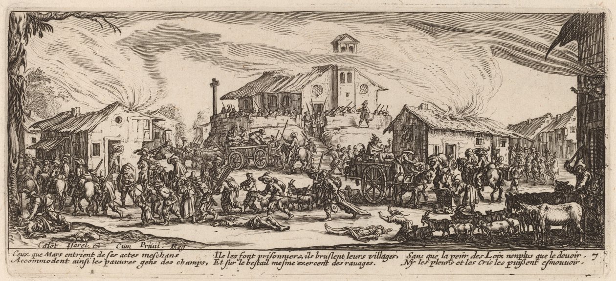 Drancování a vypalování vesnice od Gerrit van Schagen after Jacques Callot