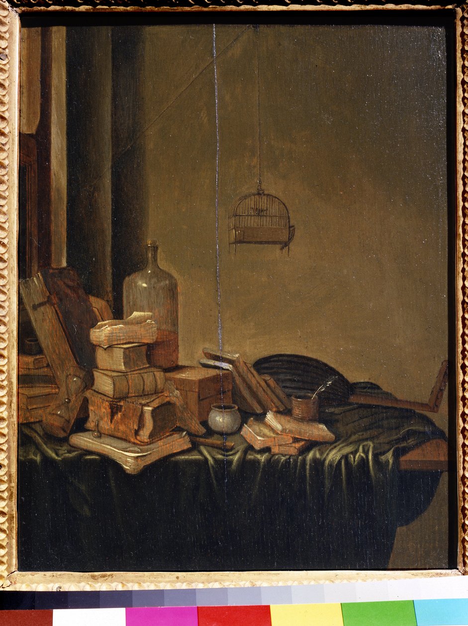 Zátiší s knihami. Malba Gerrita van Vuchta (1600 nebo 1620-cca 1697). Olej na dřevě, 34 x 28 cm. Nizozemská škola 17. století. Puškinovo muzeum výtvarných umění, Moskva. od Gerrit van Vucht