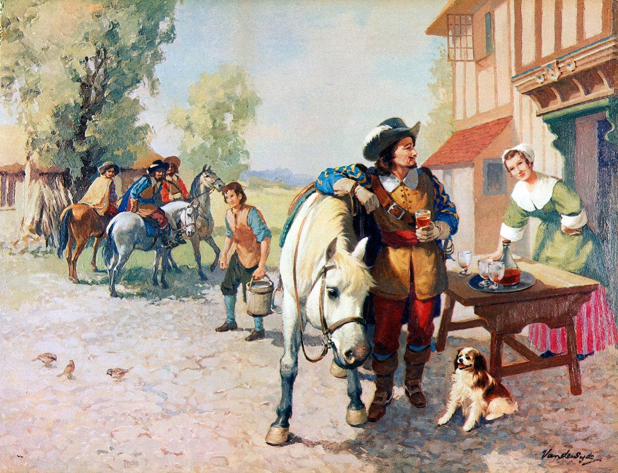 Čtyři kavalíři na cestě do Londýna při hledání psa, který se stal prvním King Charles španělem od Gerritt Vandersyde