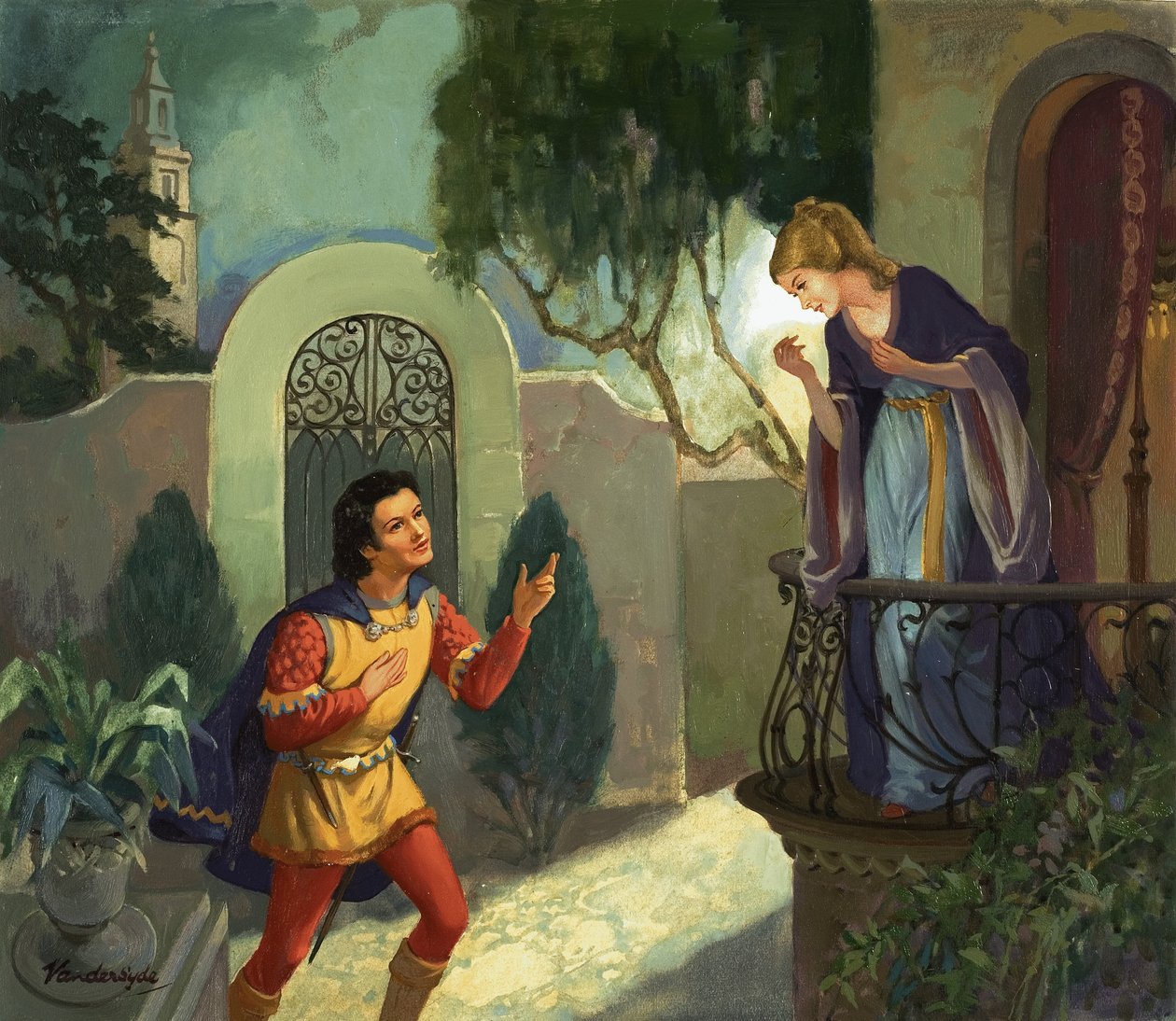 Neidentifikovaná balkónová scéna, pravděpodobně Romeo a Julie od Gerritt Vandersyde