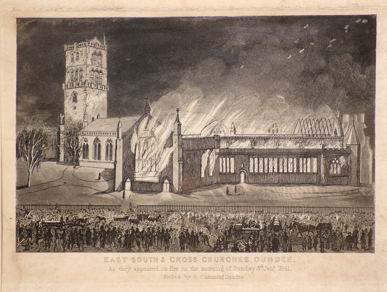 East, South & Cross Churches, Dundee, jak se objevily v ohni v neděli 3. ledna 1841, kolem roku 1841 (lept) od Gershom Gourlay Cumming