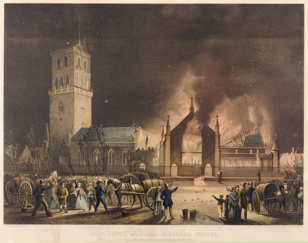 Východní, jižní a křížové kostely, Dundee, jak se objevily v ohni v neděli 3. ledna 1841, kolem roku 1841 (litografie) od Gershom Gourlay Cumming