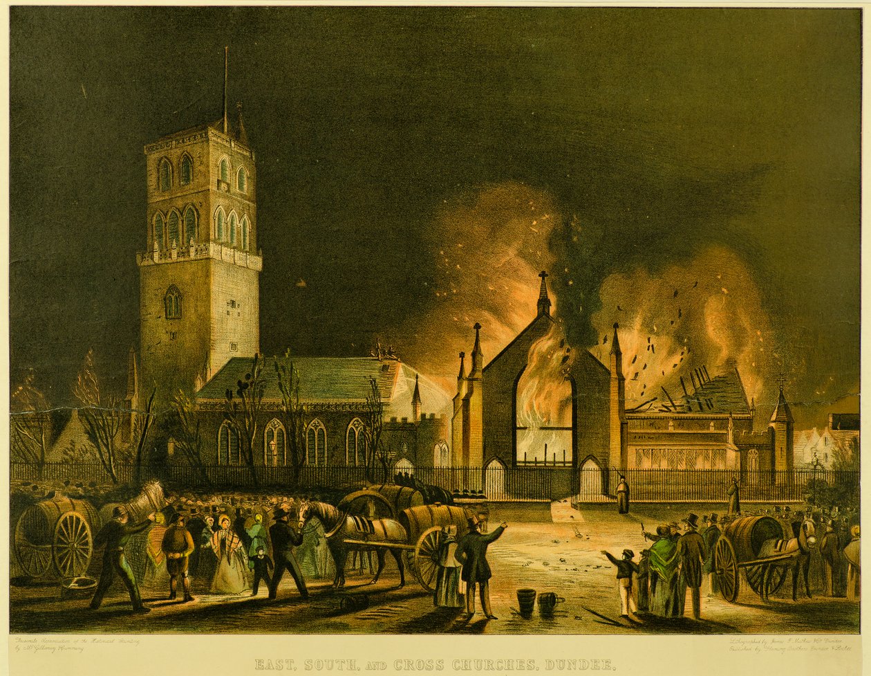 Východní, jižní a křížové kostely, Dundee [jak se objevily v ohni v neděli 3. ledna 1841] (podle George McGillivray), kolem roku 1841 (litografie) od Gershom Gourlay Cumming