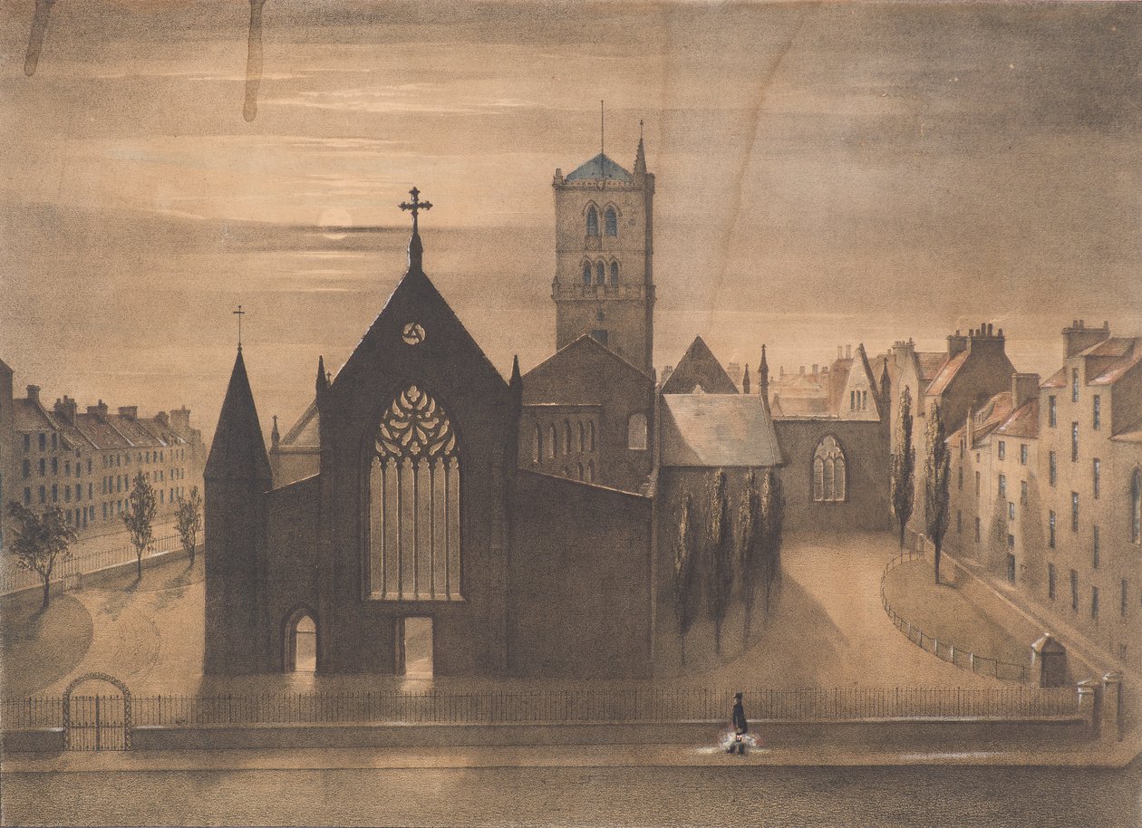 Moonlight View of East and Cross Churches, Dundee, jak se objevily po požáru 3. ledna, cca 1841 (litografie) od Gershom Gourlay Cumming