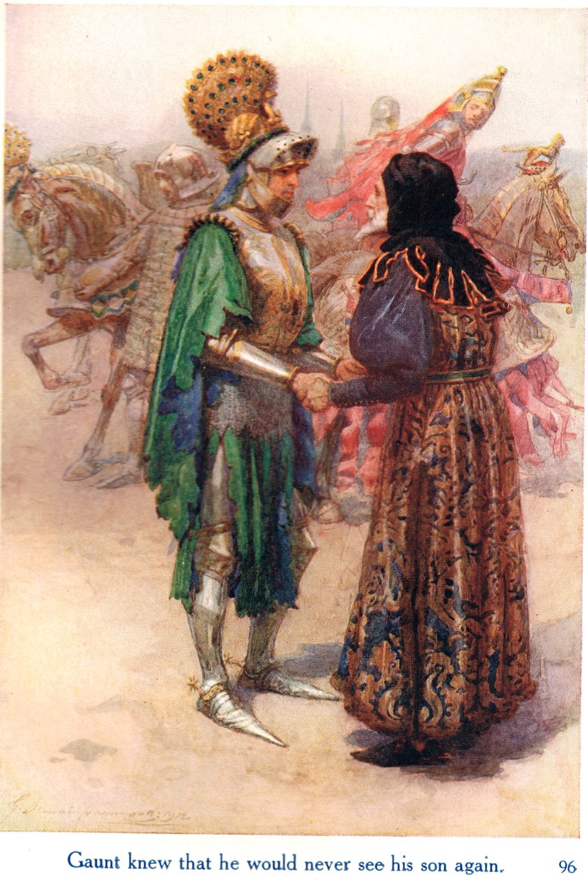 Gaunt věděl, že svého syna už nikdy neuvidí, ilustrace ze „Shakespearových příběhů anglických králů“, které vydalo nakladatelství George Harrap & Son od Gertrude E. Demain Hammond