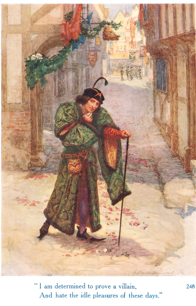 „Jsem odhodlán ukázat se jako darebák a nenávidět zahálející požitky dnešních dnů“, ilustrace ze „Shakespearových příběhů anglických králů“, vydané nakladatelstvím George Harrap & Son od Gertrude E. Demain Hammond
