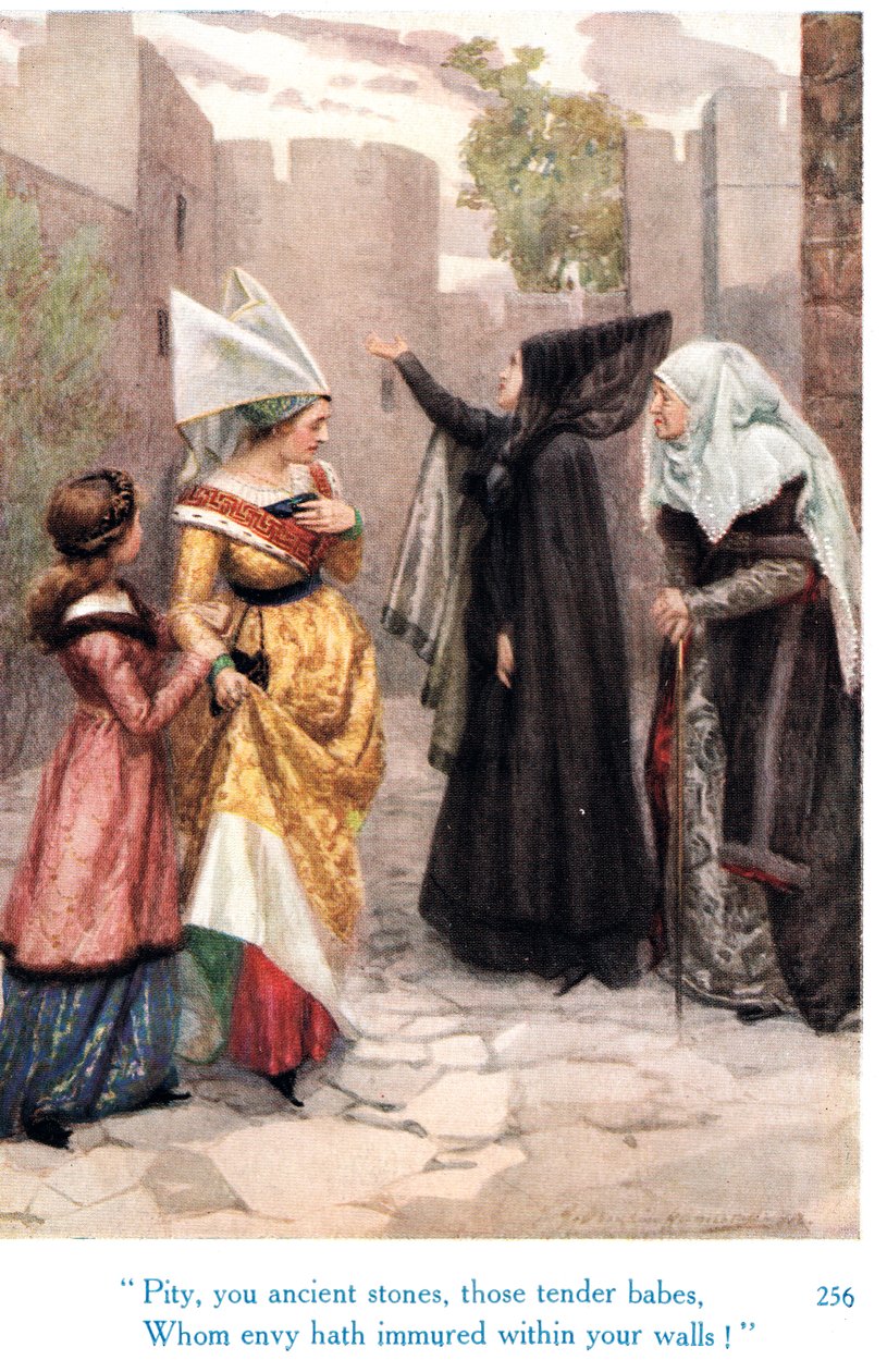 „Škoda, vy prastaré kameny, ty něžné děťátka, které závist uvěznila ve vašich zdech!“, ilustrace z „Shakespearových příběhů anglických králů“, vydané nakladatelstvím George Harrap & Son od Gertrude E. Demain Hammond