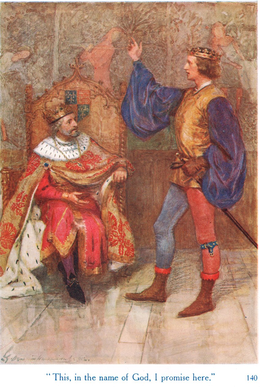 „Toto, ve jménu Boha, zde slibuji“, ilustrace z „Shakespearových příběhů anglických králů“, vydané nakladatelstvím George Harrap & Son od Gertrude E. Demain Hammond