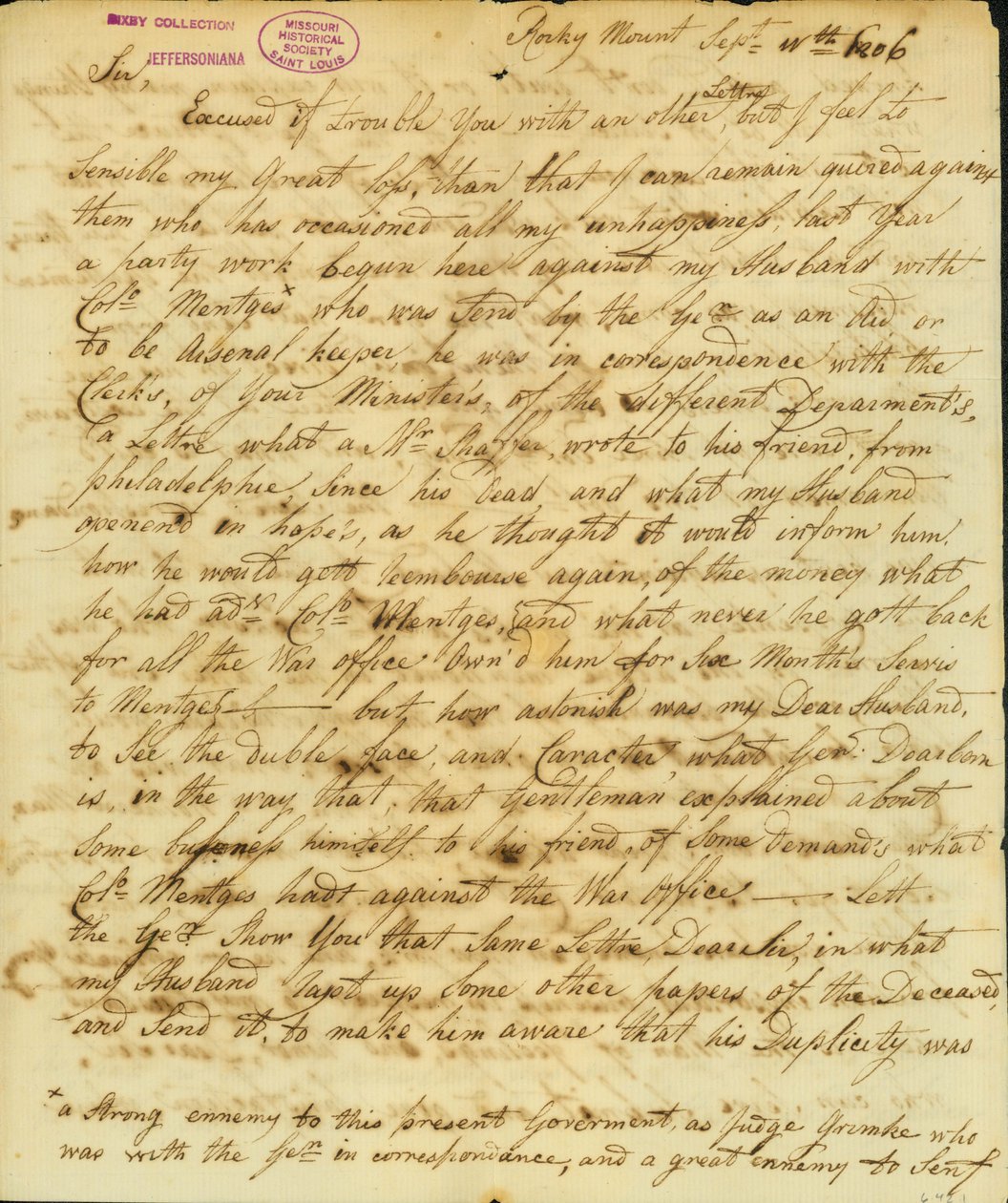 List podepsal Gertrude Joan Senf, Rocky Mount, Thomasovi Jeffersonovi, 11. září 1806 od Gertrude Joan Senf