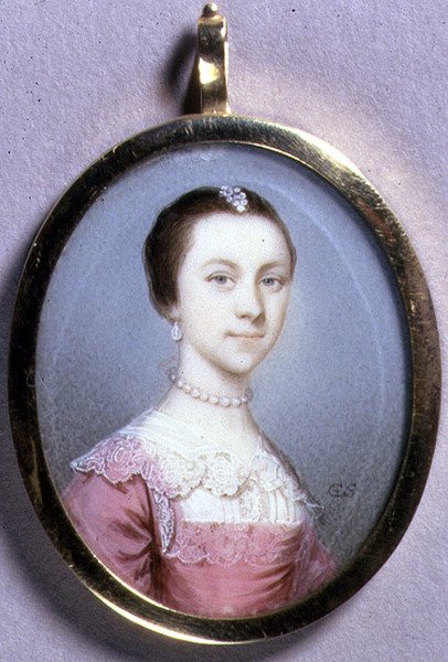 Portrétní miniatura Rachael Chumley, kolem roku 1749 (akvarel na slonovině na kartě) od Gervase Spencer