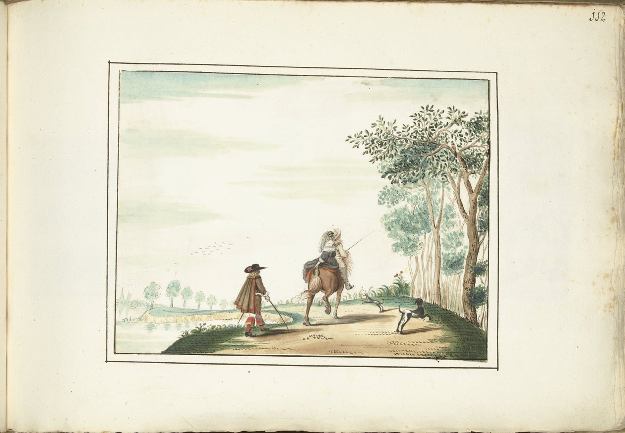 Pán a dáma na koni a chodec v krajině od Gesina ter Borch (signed by artist)