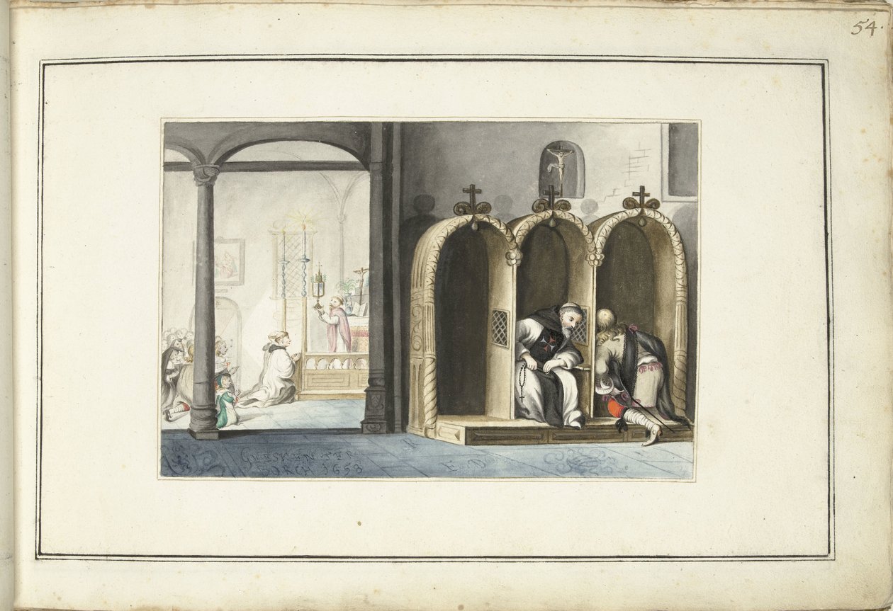Interiér kostela s zpovědnicí od Gesina ter Borch (signed by artist)
