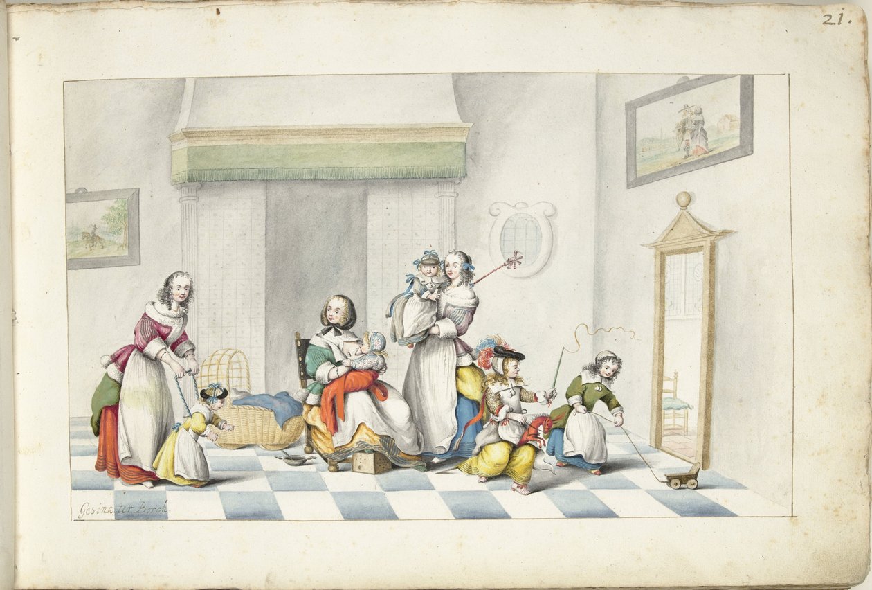 Dětský pokoj se třemi ženami a dětmi od Gesina ter Borch (signed by artist)