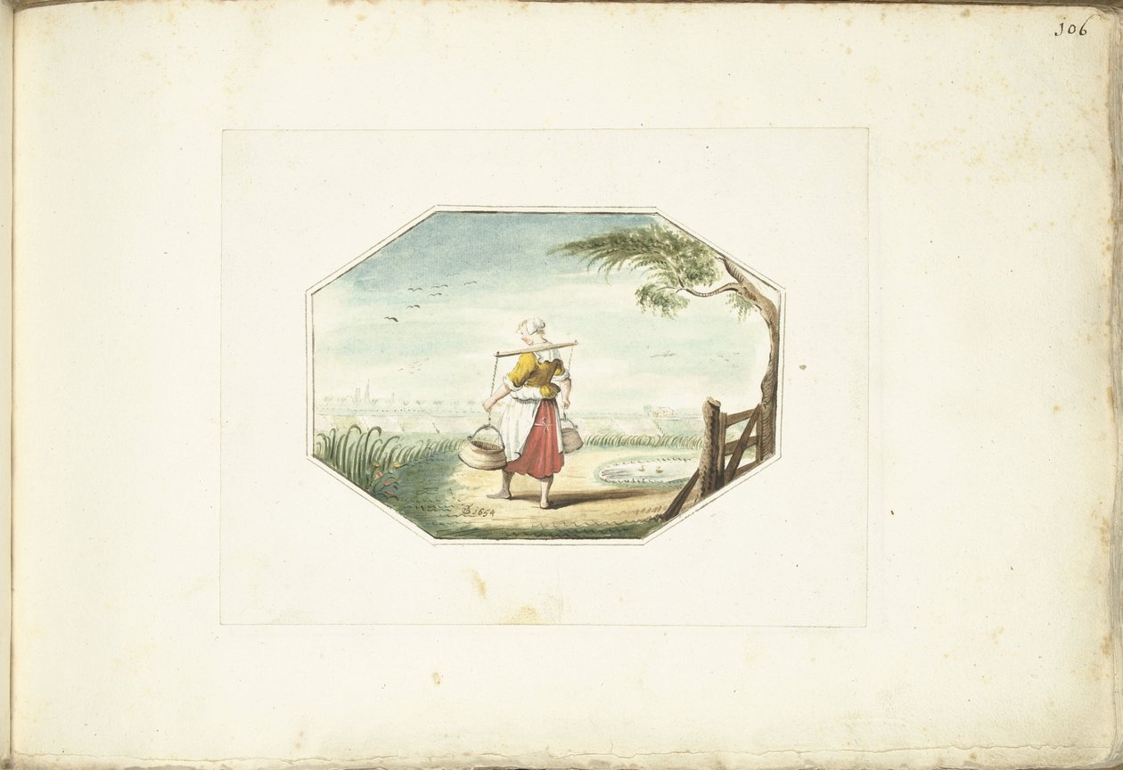Dojička s kbelíky v krajině od Gesina ter Borch (signed by artist)