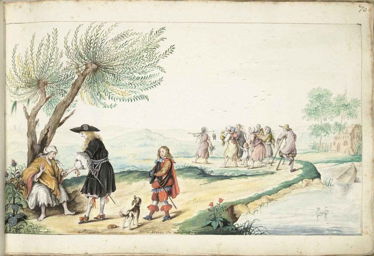 Romka čte z ruky gentlemana (Mojžíše?) od Gesina ter Borch (signed by artist)