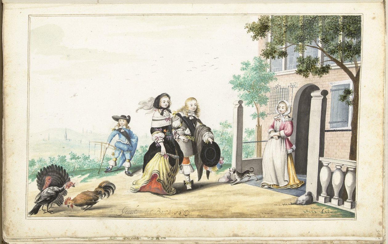 Pár vítá dámu u dveří venkovského domu od Gesina ter Borch (signed by artist)