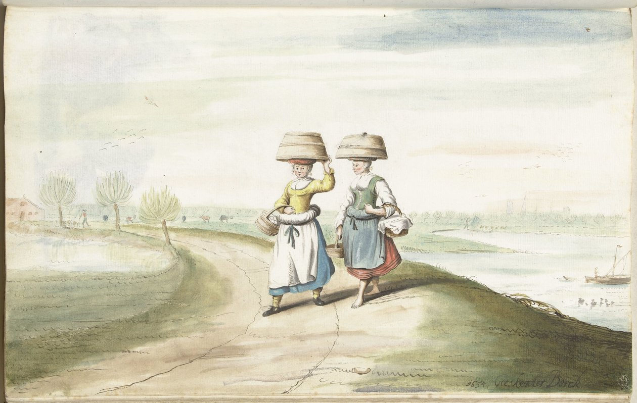 Dvě rolnické ženy kráčející v krajině od Gesina ter Borch (signed by artist)