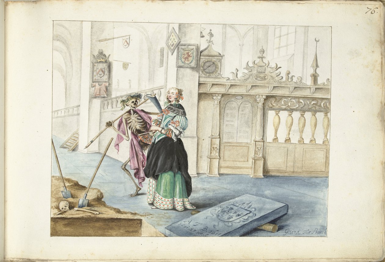 Žena (Aeltien?) stojící vedle smrti v kostele sv. Michaela, Zwolle od Gesina ter Borch (signed by artist)