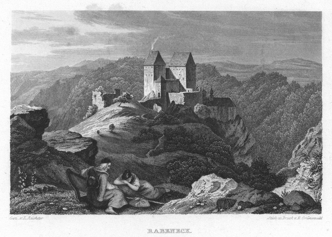 Burg Rabeneck v albu Franského Švýcarska. Devět ocelových rytin. 1840 od Gez. v. Adrian Ludwig Richter