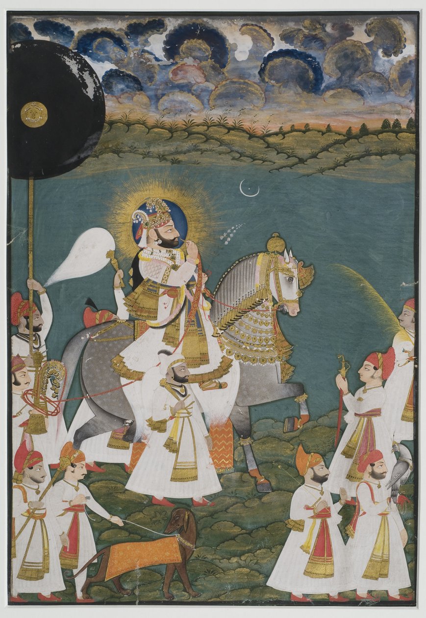 Portrét Maharana Bhim Singh z Udaipuru (1778-1828) na koni v doprovodu obsluhy, 1820 (kvaš na papíře, dotčený zlatem) od Ghasi Ghasi