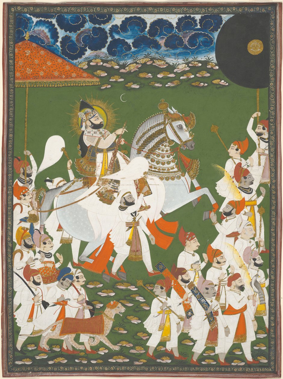 Maharana Bhim Singh v průvodu, cca 1820 (neprůhledný akvarel a zlato na papíře) od Ghasi Ghasi