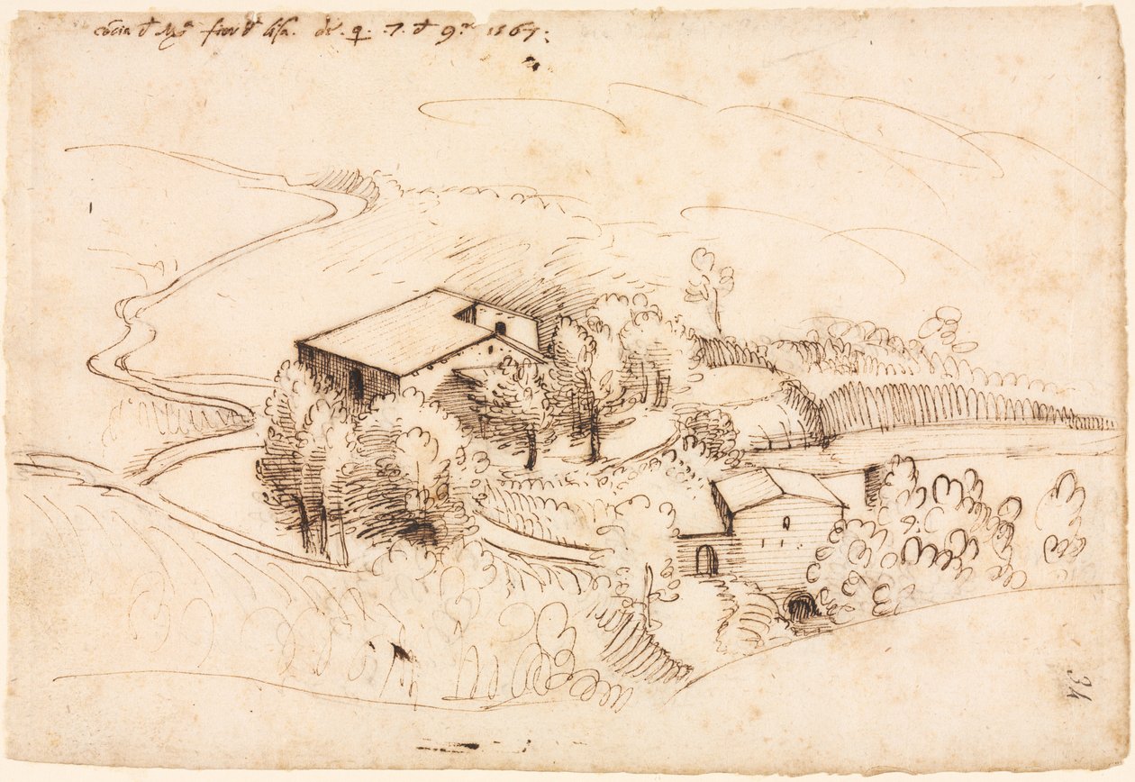 Farma se stromy v kopcovité krajině recto, 1567. od Gherado Cibo