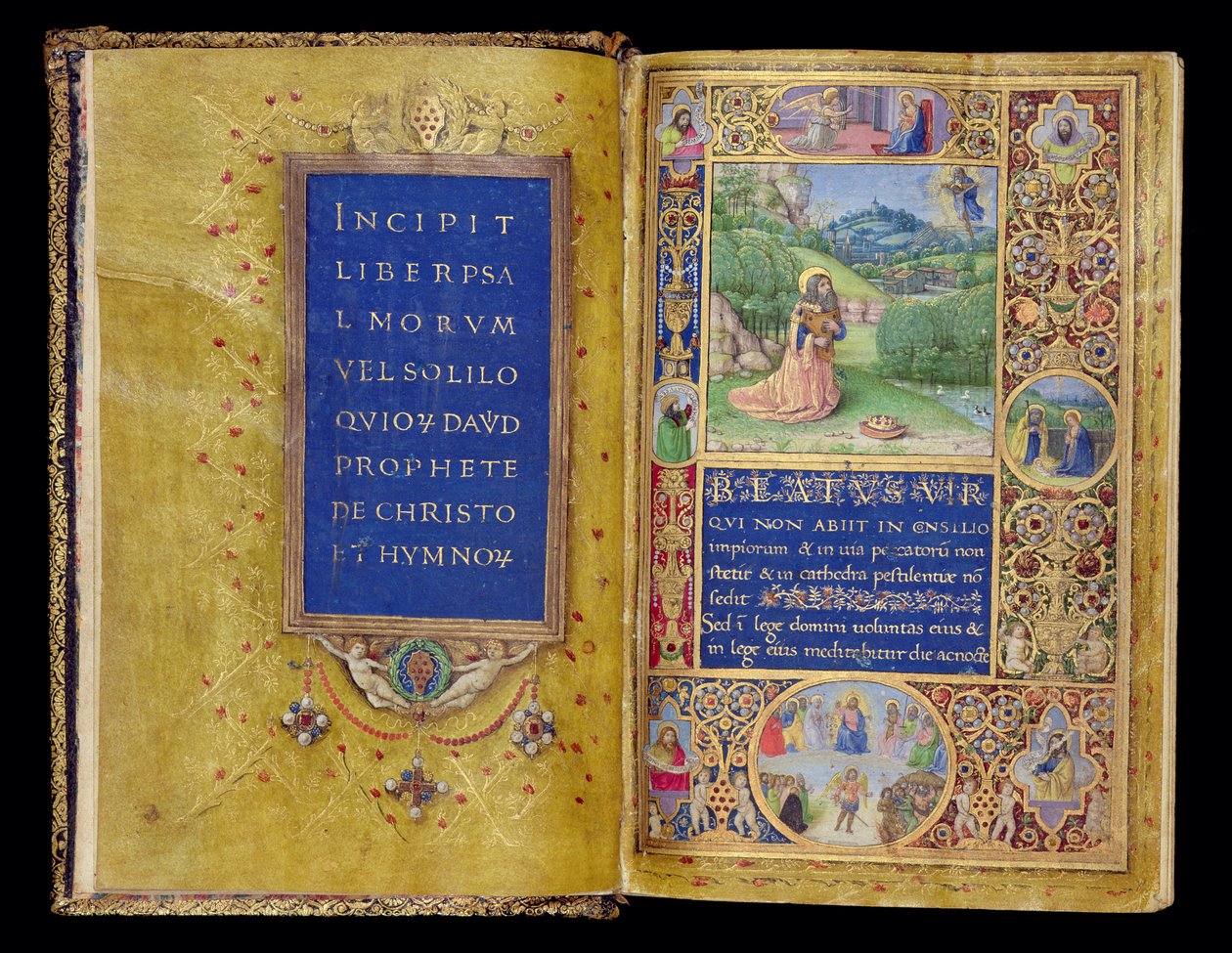 Ms 37-1950, ff.1v-2r: Titulní list a miniatura krále Davida v modlitbě, z Medicejského žaltáře, Florencie, kolem 1480-90 (zlatý inkoust a tempera na pergamenu) od Gherardo di Giovanni di Miniato