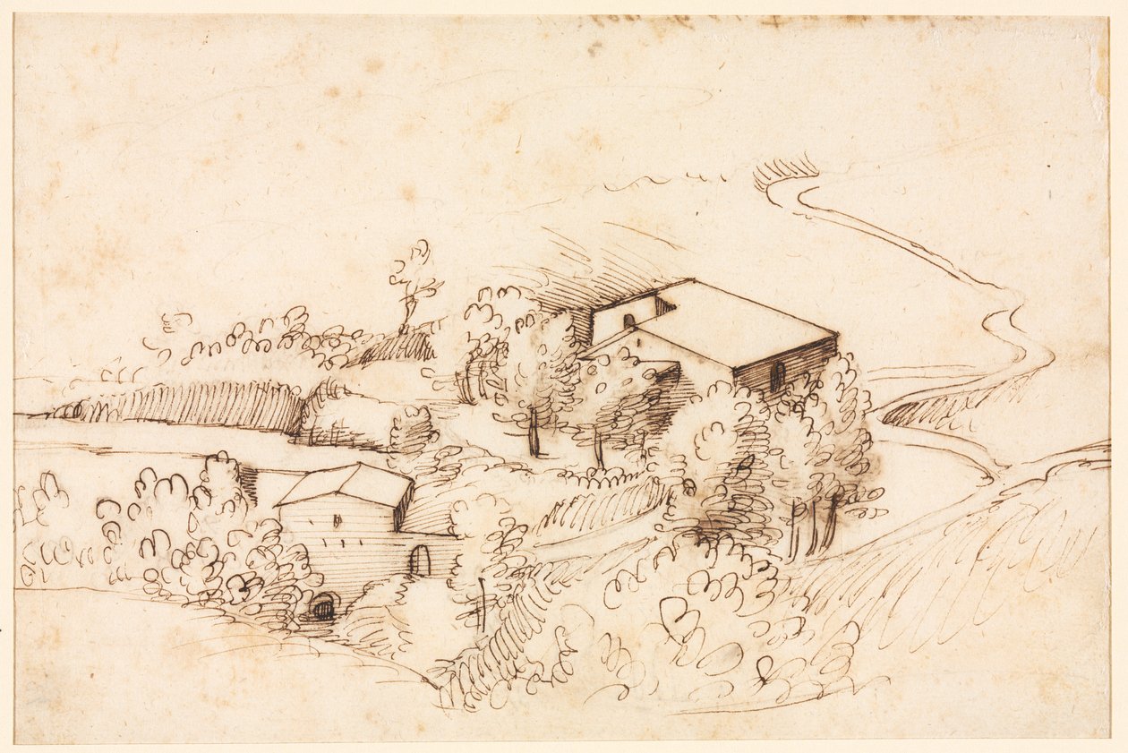 Farma se stromy v kopcovité krajině verso, 1567. od Gherardo Cibo