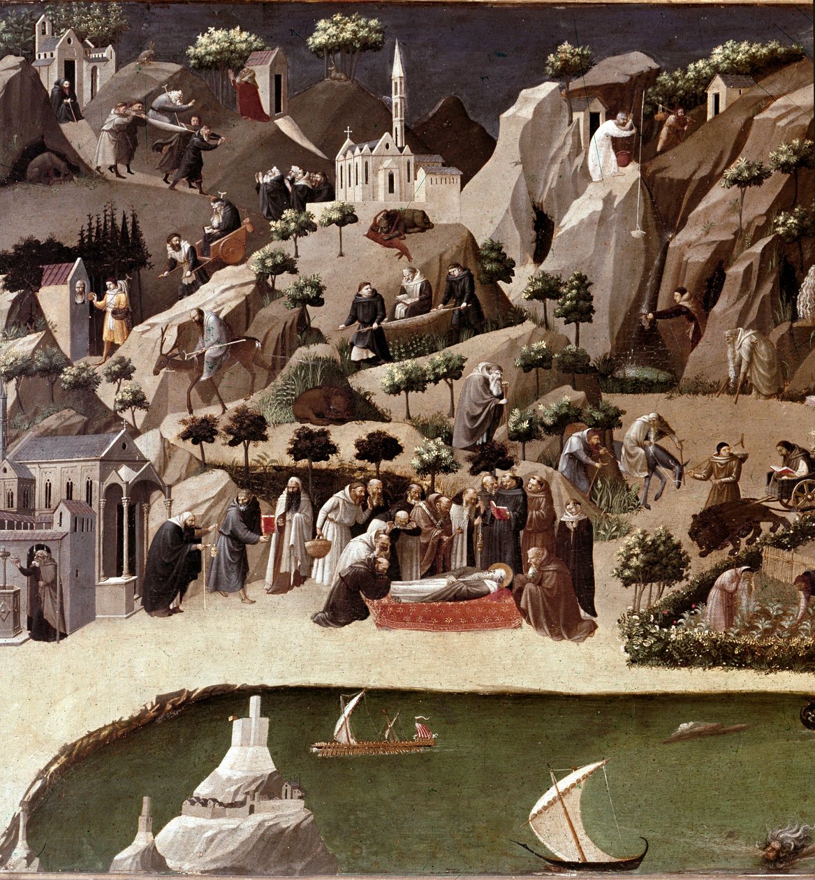 Thebaide of the Hermits Detail. Popis života poustevníků v poušti. Detrempe na dřevě připisované Gherardo Starnina (14.-15. století). cca 1400 Ztlumit. 2x0,8 m Florencie, galleria degli uffizi (kanceláře) od Gherardo Starnina
