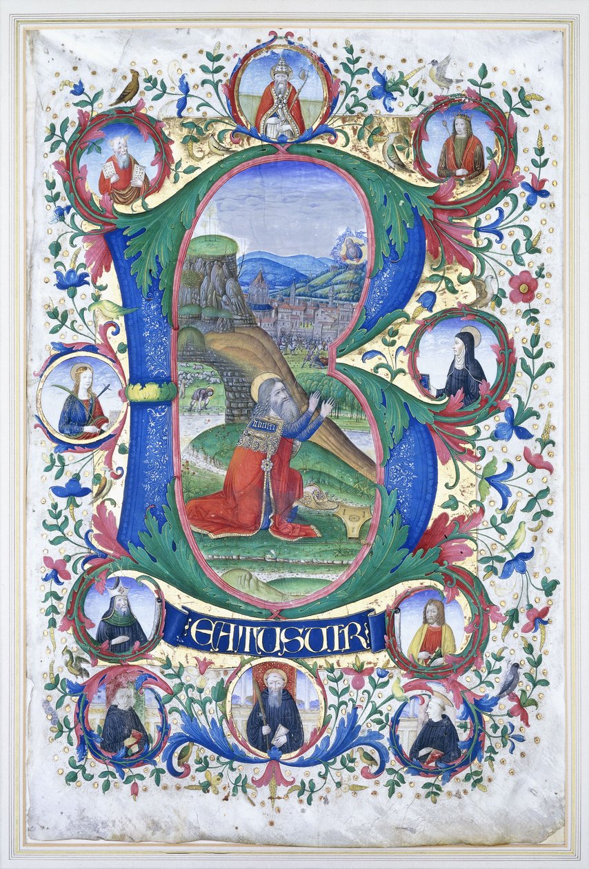 Král David při modlitbě uvnitř velmi velké iniciály „B“, kolem deseti velkých kruhů, z nichž každý obsahuje portrét světce, kolem roku 1500 od Gherardo di Giovanni del Fora