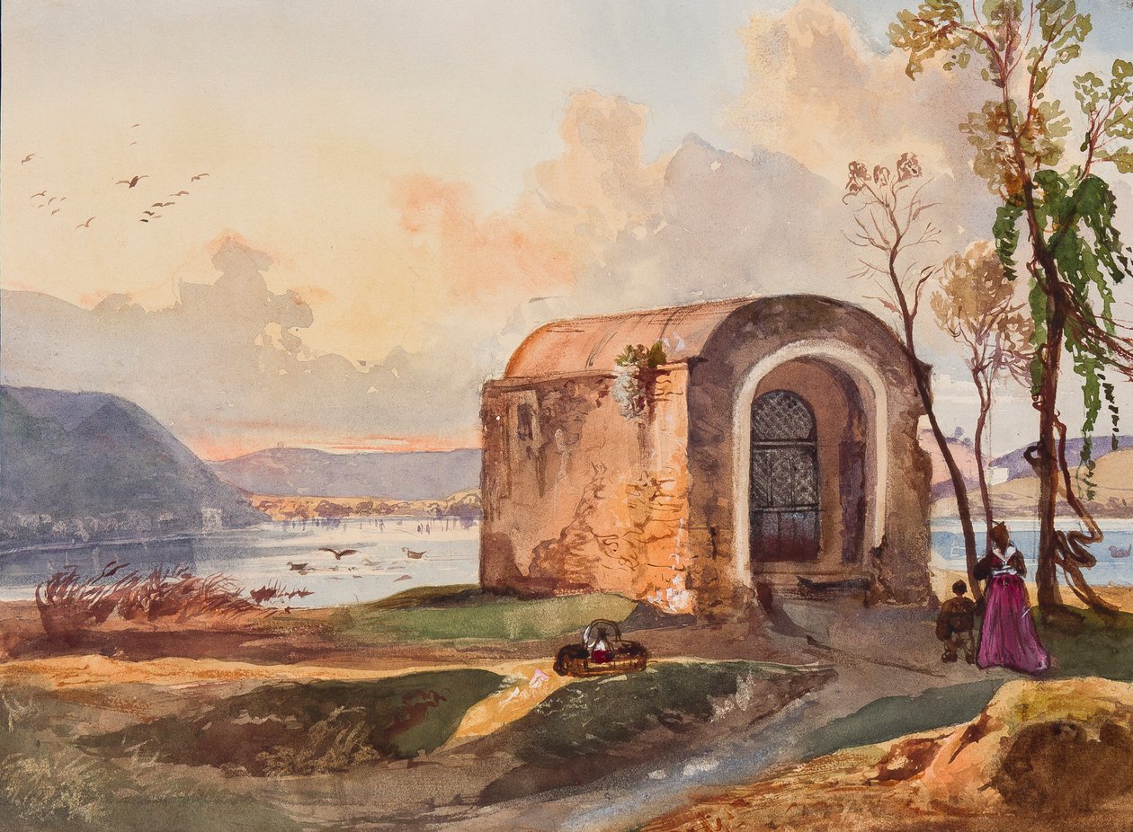 Kaple u jezera Lucrino, s doplňky od borbonského žáka, možná princezny Marie Annunziaty di Borbone (1843-1871) (tužka, wc a kvaš na papíře) od Giacinto Gigante