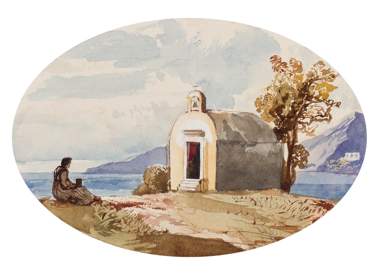 Kaple u moře, s doplňky princezny Marie Annunziaty di Borbone (1843-1871) (tužka, wc a kvaš na papíře) od Giacinto Gigante